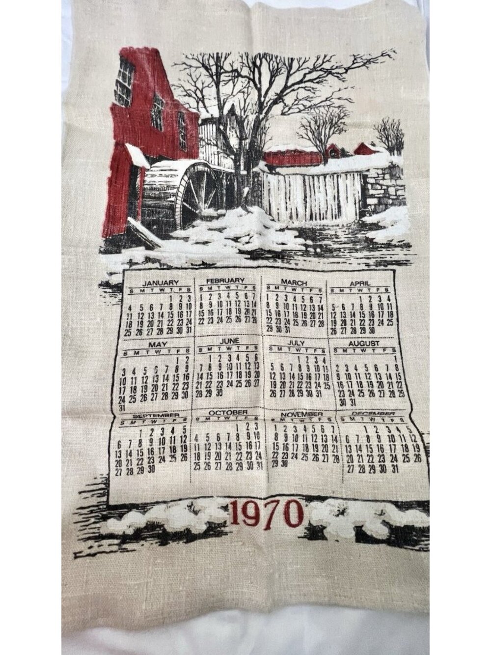 1970 Linen Calendar Tea Tower Red Watermill Snow Scene Rustic Farmhouse Decor